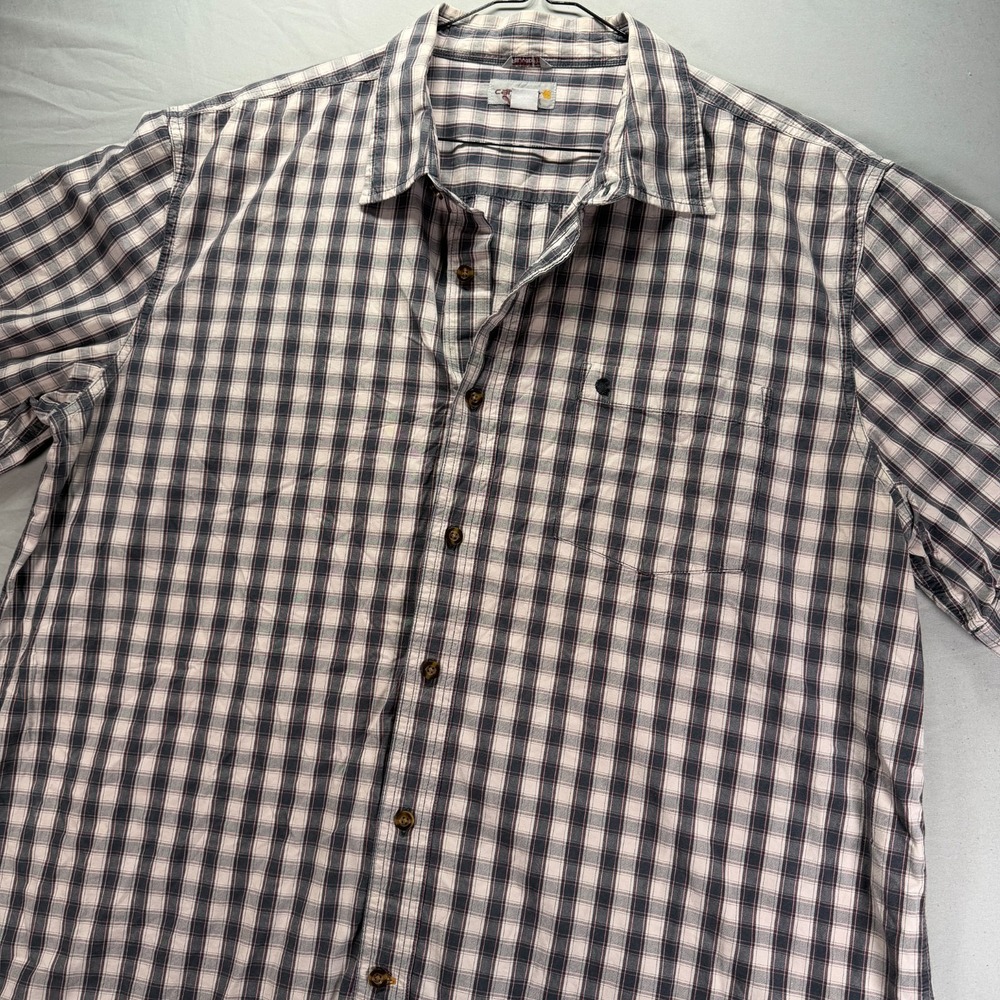 Carhartt Shirt Mens 2XL Short Sleeve Button Up Gray Plaid Work Outdoors Collared